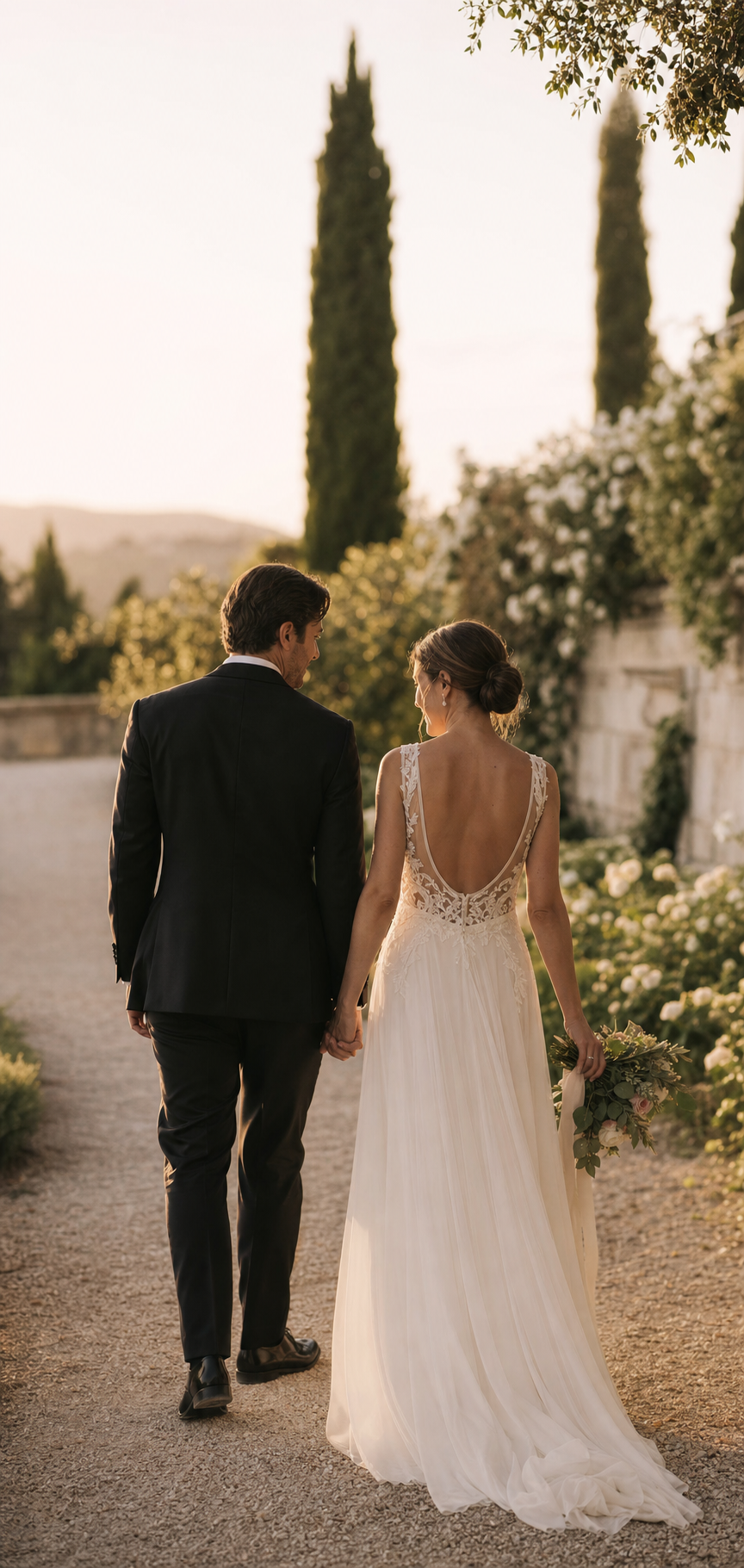Newly married couple walking together at golden hour